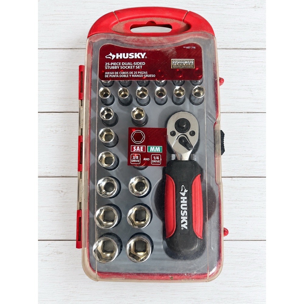 Husky 25 Pc Dual Sided Stubby Socket & Ratchet Mechanics Tool Set Case NIB